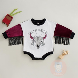 LAA6-Infant Baby Girls Romper,Letter Cattle Head Print Contrast Color Round Neck Long Sleeve Boho Tassel Romper