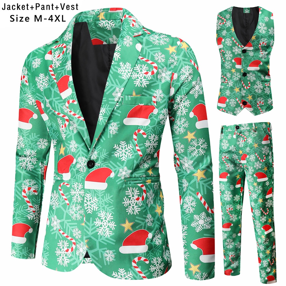 New Mens Christmas Suits Three-piece Cute Cartoon 3D Printed Casual Suit Jacket  Pants Vest 3Pcs Xmas Party Dress 12 Col #2