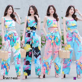 17466 set 2 ชิ้น เสื้อครอปสายเดี่ยว พิมพ์ลาย + กางเกงขายาวผูกเอว Printed Spaghetti strap cropped top + wide-leg pants