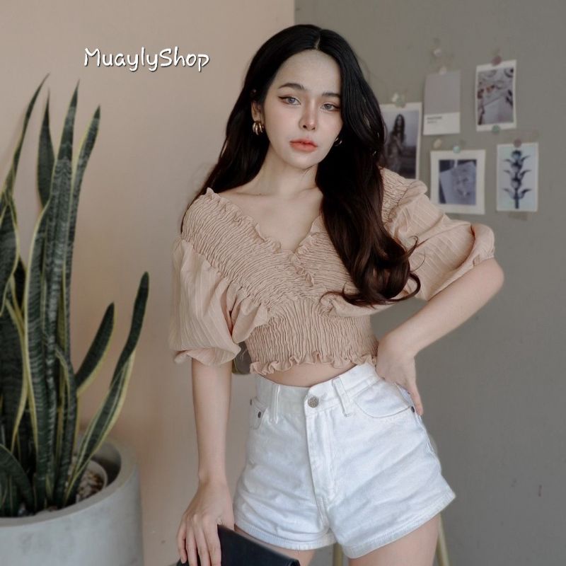 Sale เสื้อครอป สม็อคไขว้ ทรงแขนผีเสื้อ ผ้าเปลือกไม้ไม่ต้องรีด น่ารัก
