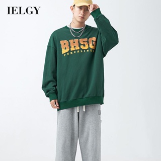 Ielgy เสื้อกันหนาว คอกลม พิมพ์ลายตัวอักษรเปลวไฟ สไตล์เรโทร สําหรับผู้ชาย