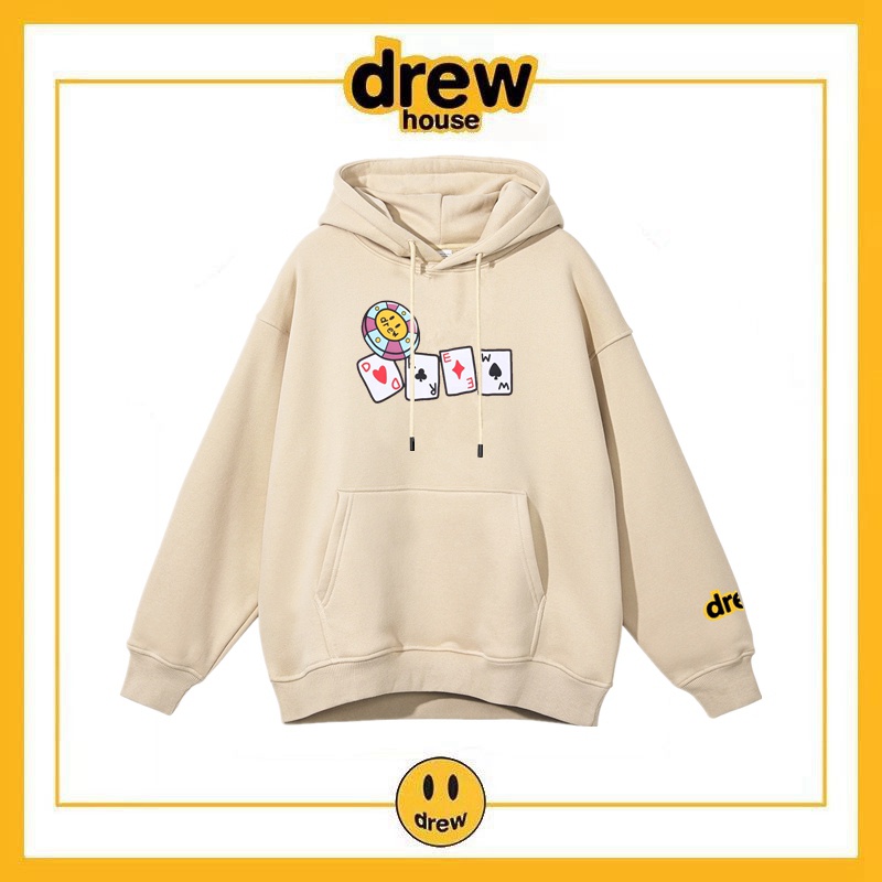 Drew House เสื้อยืด มีฮู้ด ขนแกะ ลายหน้ายิ้ม สไตล์สตรีท สําหรับคู่รัก