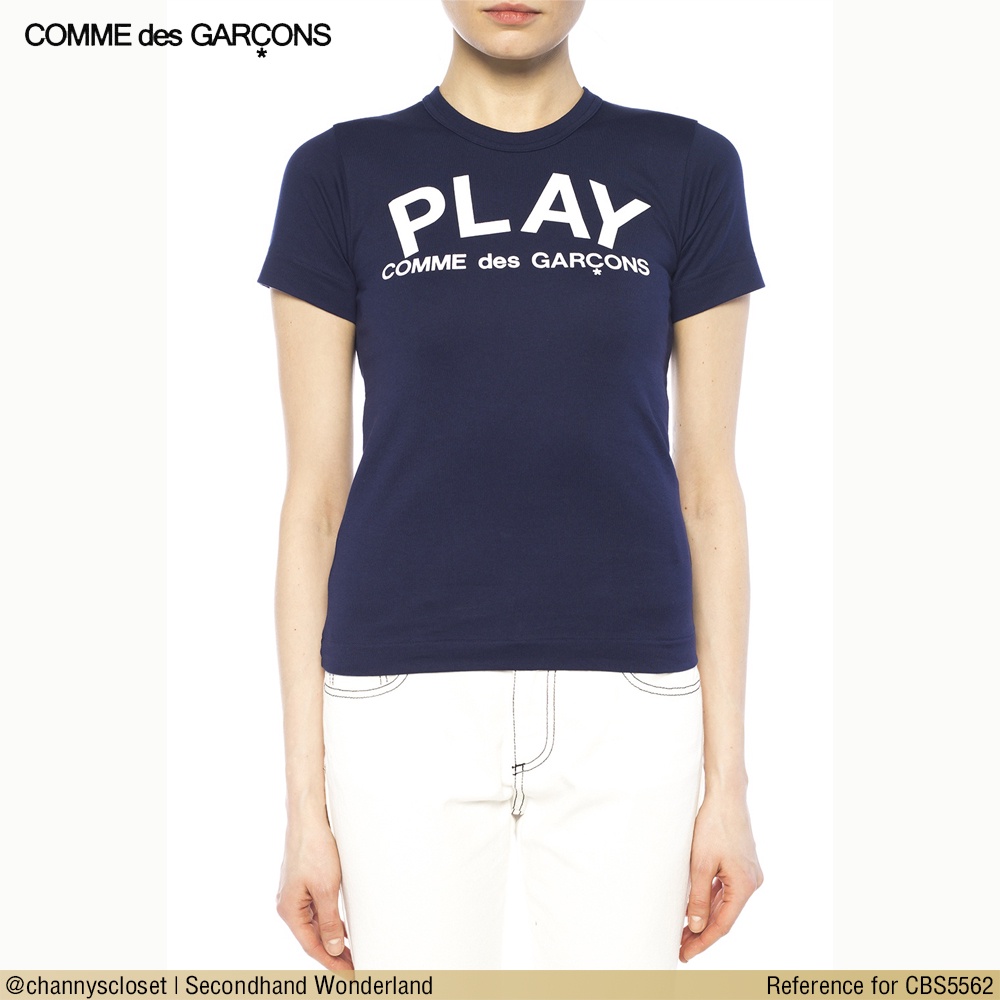 💖USED Comme des Garcons Play - Navy Blue Letter T-Shirt | เสื้อยืดสีกรมท่า สีขาว ลายตัวหนังสือ คอกลม แขนสั้น แท้ มือสอง