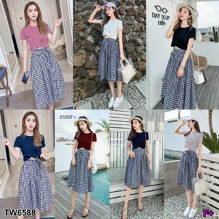 CS6588  Set 2 ชิ้น เสื้อครอปผ้าคอตตอน+กระโปรงลายสก๊อต  2-piece set: cotton crop top + plaid skirt