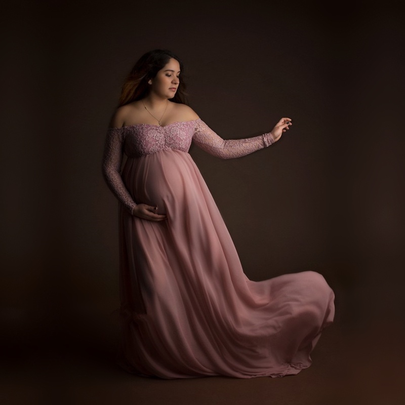 ADusty Pink Long Chiffon Maternity Photography Dress Sweet Heart Maternity Lace Dresses For Photo Shoot Slit Open Pregna #8