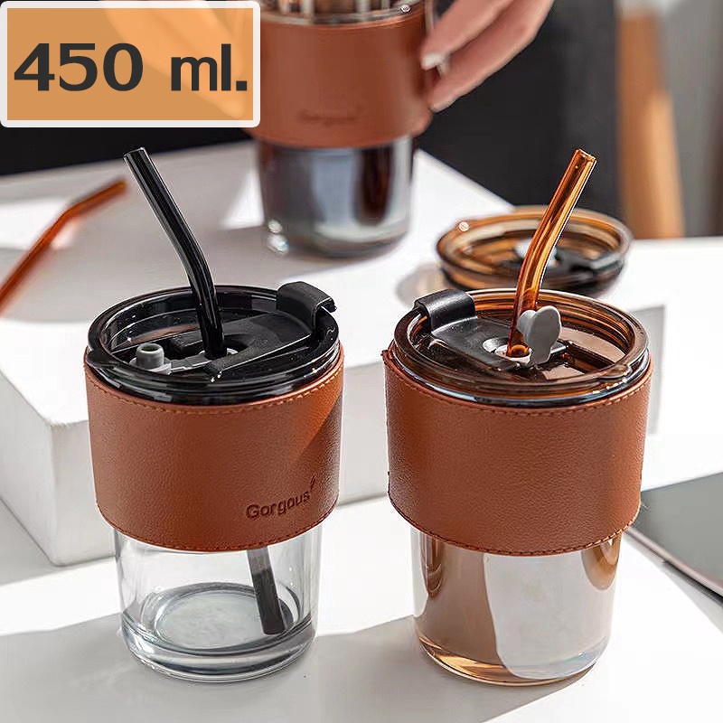 พร้อมส่ง แก้วกาแฟ สไตล์มินิมอล 450ml แก้วกาแฟมินิมอล พร้อมหลอด ฝาปิด ปลอกซิลิโคนกันร้อน