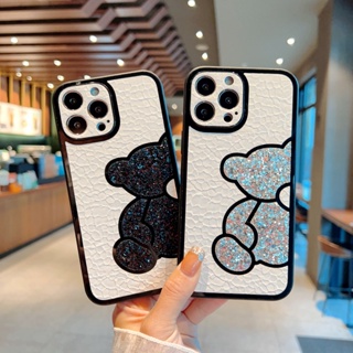 เคสโทรศัพท์มือถือ หนังเทียม แบบแข็ง แบบบาง ประดับกลิตเตอร์ ลายหมี หรูหรา สําหรับ iPhone 11 12 13 14 Pro Max iPhone X XS XR 14Plus