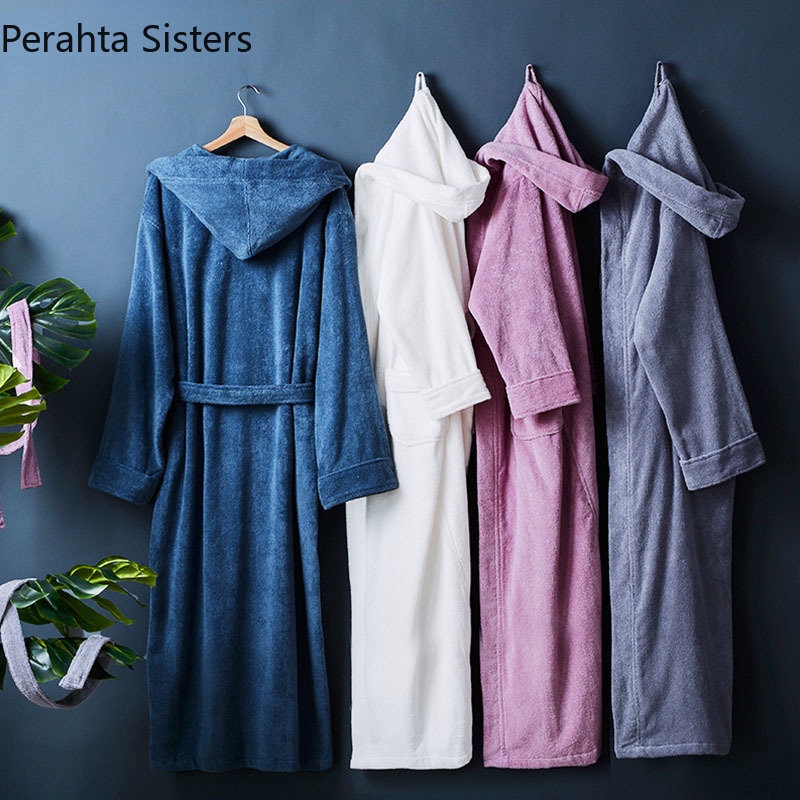 High Quality Solid Color Thick Cotton Bathrobes Men Women Extend Long