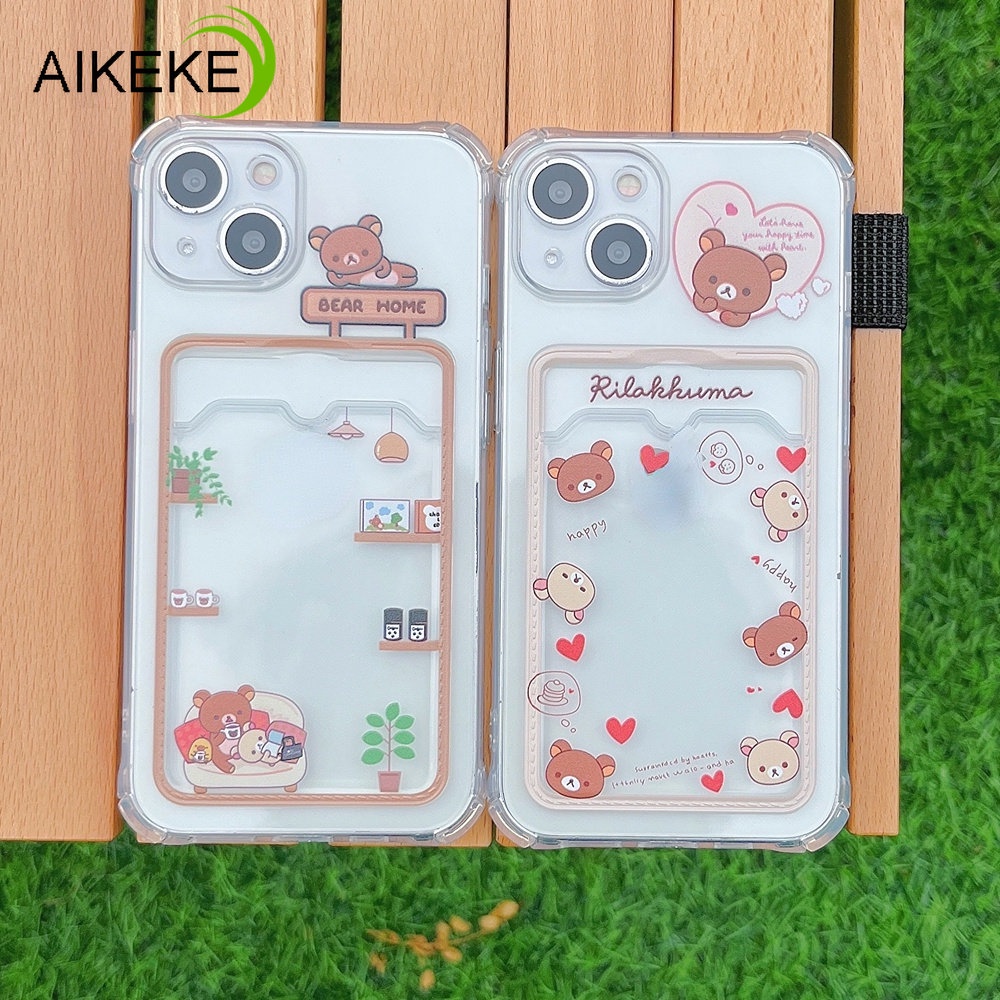เคสโทรศัพท์มือถือ TPU แบบนิ่ม ลายการ์ตูนหมีน่ารัก พร้อมช่องใส่บัตร สีโปร่งใส สําหรับ iphone 14 Plus 13 12 11 Pro Max X XR Xs Max 7 8 Plus