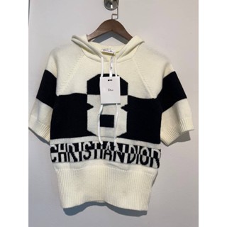 CHRISTIAN DIOR NO.8 STRIPE WOMEN THREE-QUARTER SLEEVE HOODED SWEATER BLACK AND WHITE WOOL CASHMERE KNIT WITH SIGNATURE