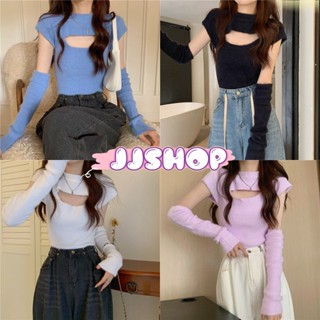 JJ shop 💜พร้อมส่ง  เสื้อไหมพรมเว้าหน้าอก แขนสั้นแถมปลอกแขน ผ้าขนมุ้งมิ้ง "11099"