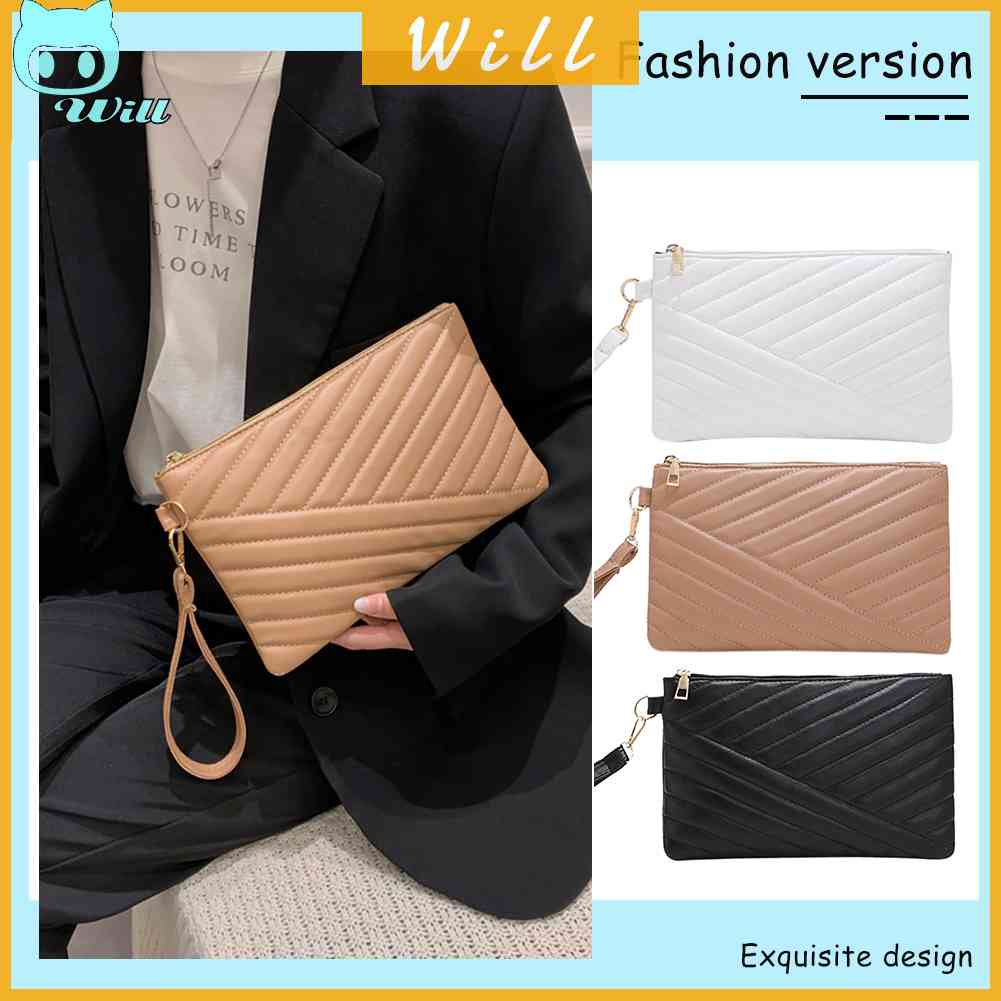 กระเป๋าสตางค์ กระเป๋าคลัทช์ หนัง PU ทรงซองจดหมาย มีซิป สีพื้น หรูหรา สําหรับผู้หญิง