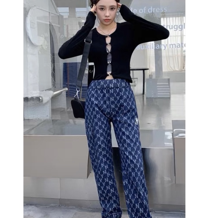 MLB พร้อมส่ง💙 ของแท้💯%กางเกงยีนส์ทรงสปอร์ตพิมพ์ลายตัวอักษรNY