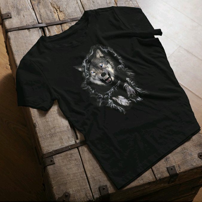 DRABLAZE เสื้อยืด 100% Cotton Comb สกรีนหมาป่าทะลุเสื้อ 3มิติ Wolf through the shirt 3D คอกลม คอตตอนคอมบ์ #4