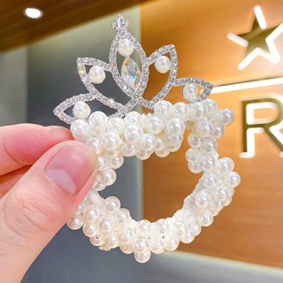 Sweet Princess Pearl Rubber Band for Girls Children Elastic Hair Ring Rhinestone Crown Headwear Girls Kids Hair Accessories