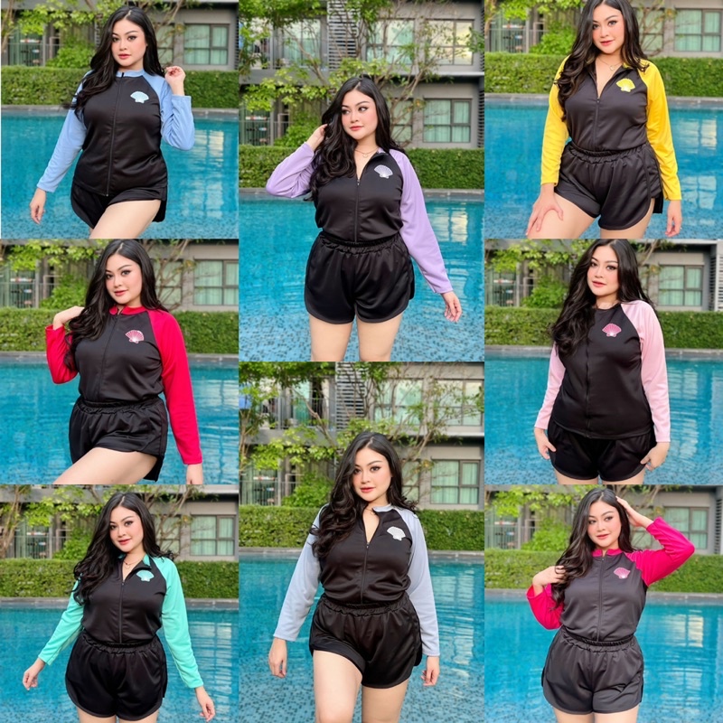 ชุดว่ายน้ำคนอ้วน แขนยาวbigsize เซ็ตกางเกงขาสั้น+เสื้อซิปลายหอย