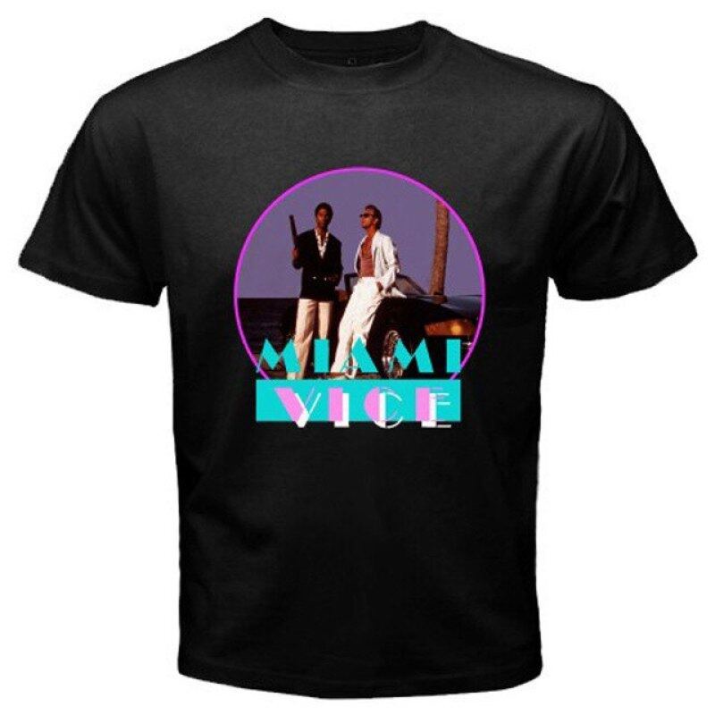 Miami Vice Retro Tv Series Don Johnson Men เสื้อยืดสีดําเสื้อยืดผู้ชายตลกเสื้อ Tee เสื้อแขนสั้น 0187