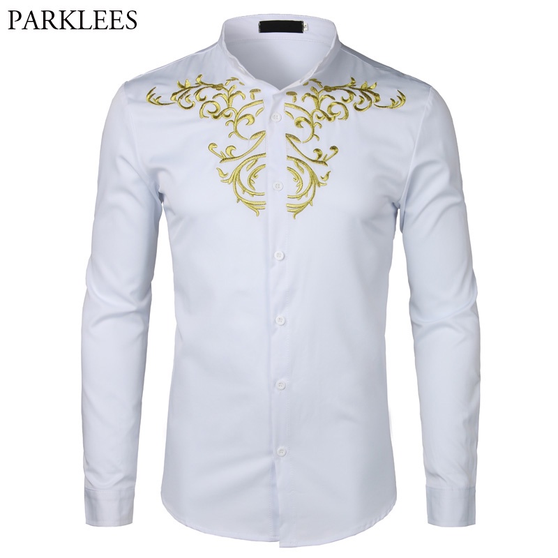 Gold Flower Embroidery Shirt Men Long Sleeve Chemise Homme New Solid Color White Dress Shirts Mens Slim Fit Wedding Cami #0
