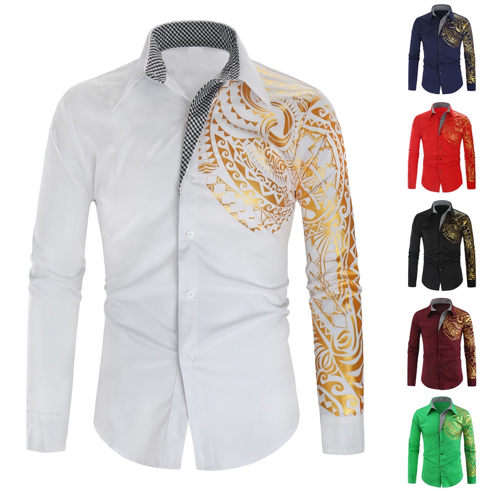 เสื้อเชิ้ตแขนยาวลําลอง เข้ารูป พิมพ์ลาย สีทอง สไตล์นักธุรกิจ แฟชั่นสําหรับผู้ชาย ไซซ์ M - 4XG
