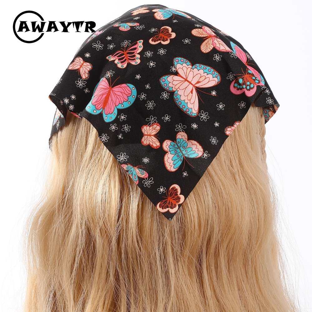 Awaytr ใหม่ ผีเสื้อ ดอกไม้ ที่คาดผม พู่ สามเหลี่ยม ผ้าพันคอผม สําหรับผู้หญิง ผ้าพันคอ เครื่องประดับผม