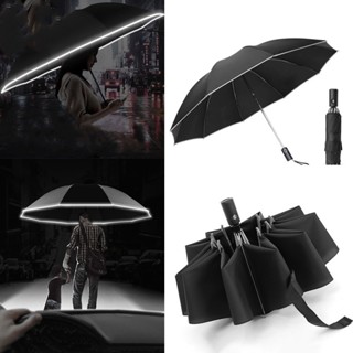 Automatic Umbrella with Reflective Stripe Reverse Led Light Umbrella Academy 10 Ribs 3-folding Inverted Umbrella