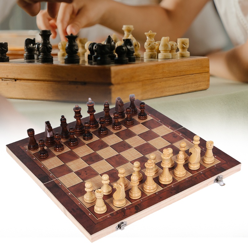 Wooden Chess Set Folding Magnetic Large Board With 34 Chess Pieces Interior For Storage Portable Tra