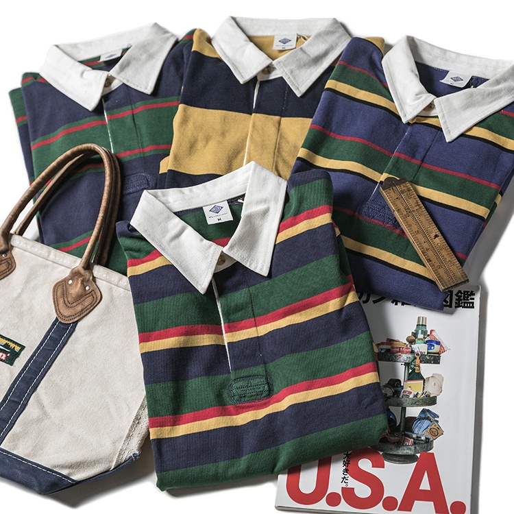 BNon Stock 290g Heavyweight Yarn-Dyed Stripe Long Sleeve Polo T-Shirt Top Men's IVY Vintage Casual Rugby Polo Shirts #4