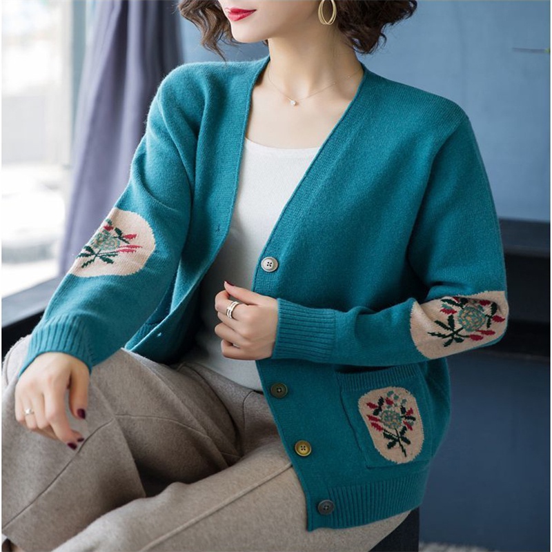 Casual Loose Short Knit Cardigan Women Vintage Single-breasted Sweater Coat With Pockets Korean Style Spring thin Knit J #6