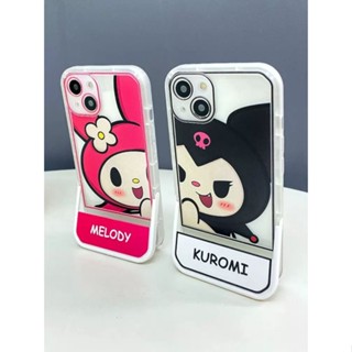 เคสโทรศัพท์มือถือ ซิลิโคนนิ่ม ใส กันกระแทก ลาย Sanrio kuromi Melody Cinnamoroll Stitch Family พร้อมขาตั้ง สําหรับ iPhone 14 11 13 12 Pro Max plus