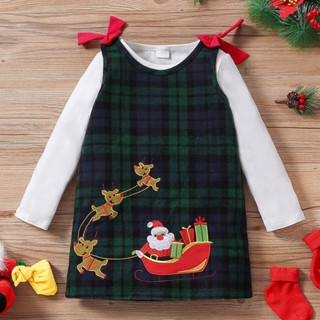 Sun-christmas เสื้อผ้าเด็กผู้หญิงน่ารักชุด 2 ชิ้นแขนยาวเสื้อยืดสีทึบ + ลายสก๊อตซานต้าพิมพ์ตรง Sundress