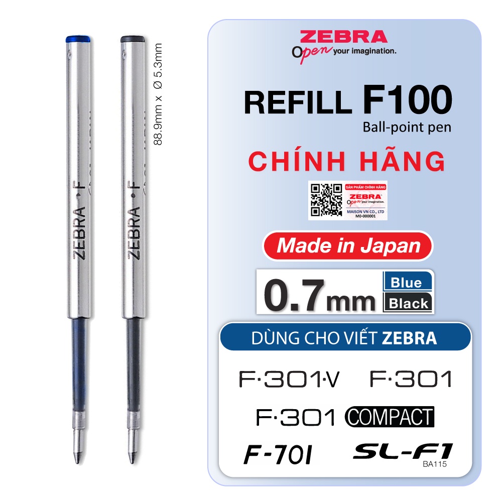 ไส้ปากกาลูกลื่น F100 Zebra Refill ของแท้ F-301, F701, BA115 0.7 mm nib - หมึกสีน้ําเงิน