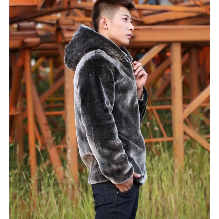 BFashion Winter Mens Faux Fur Mink Fur Coat Short Gray Hooded Coat Warm Overcoat Men Fluffy Plush Coat Male Plus Size Xx #2