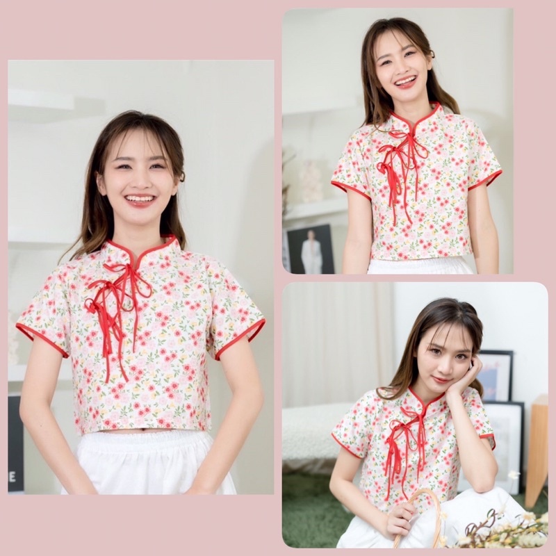 เสื้อครอปคอจีน ลายดอกน่ารักๆ ใส่ตรุษจีน