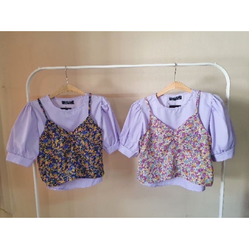 เสื้อเซ็ทสองตัว ป้าย zoozy shop มือสอง size s สีม่วงพาสเทลราคา89฿