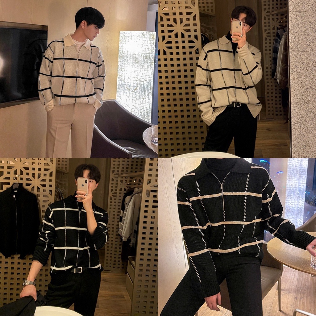 SEOULSHIRTS PREMIUM 🇰🇷 เสื้อคอปกไหมพรม แขนยาวตารางซิปครึ่ง กันหนาว ผ้าหนา ทรงโอเวอไซส์ สีพื้น สไตล์เ