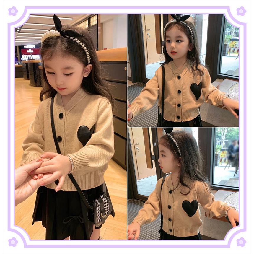 คาร์ดิแกนเสื้อกันหนาวเด็กหญิง ฤดูใบไม้ผลิและฤดูใบไม้ร่วงใหม่ของสาวแฟชั่นสไตล์ตะวันตกสามมิติรักคอวีถัก/แจ็คเก็ต