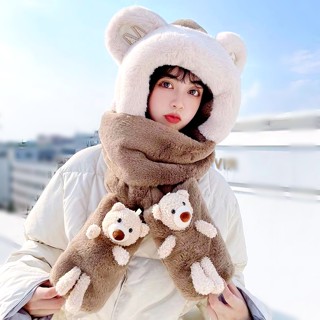 4 in 1 หมีตุ๊กตาน่ารัก พร้อมหมวก คลุมศีรษะ ถุงมือ ผ้าพันคอกันหนาว กันลม Cute Bear scarf hood windproof fur warm winter