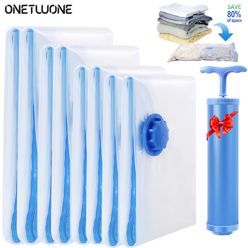 5 Pcs Vacuum Storage Bags,80% More Storage! Hand-Pump for Travel! for Bedding, Pillows, Towel, Blanket, Space Saver Clot