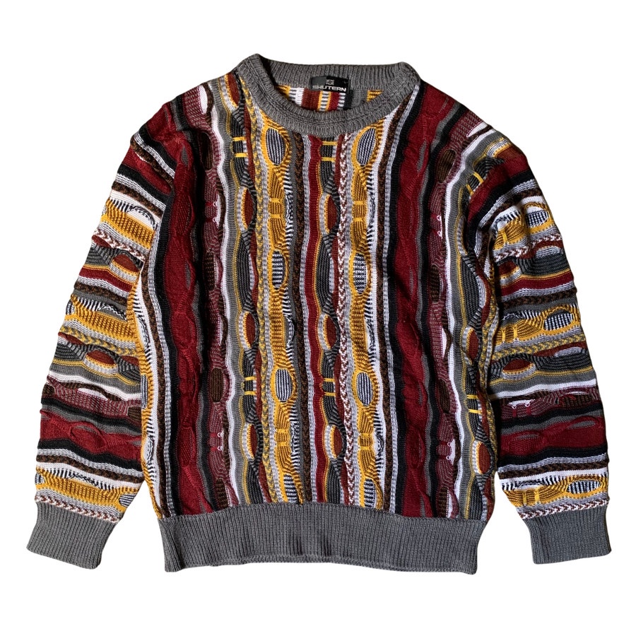 Gold Maroon Pattern Coogi Style Knitwear Sweater - Unisex - L