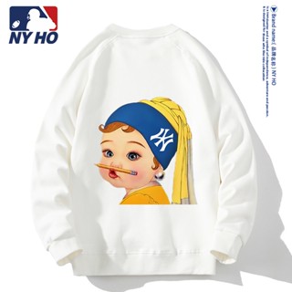 เสื้อกันหนาว คอกลม แบบหนา ทรงหลวม ลายการ์ตูน สีขาว แฟชั่นฤดูใบไม้ร่วง และฤดูหนาว สไตล์อเมริกัน สําหรับผู้ชาย