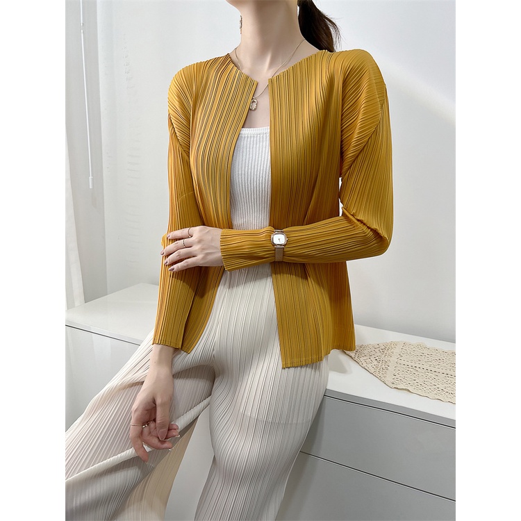 มิยาเกะ แจ็คเก็ตจีบผู้หญิงฤดูใบไม้ผลิฤดูใบไม้ร่วงคาร์ดิแกนซอกผู้หญิงแขนยาวดีงามสบายๆจีบด้านบนแจ็คเก็ตขนาดเล็ก