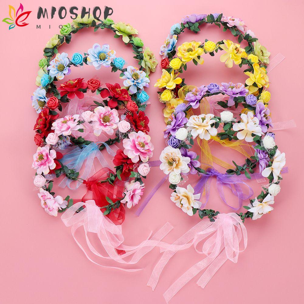 Mioshop ที่คาดผมสตรีพวงมาลัยมงกุฎดอกไม้ดอกกุหลาบสไตล์ Boho ปรับริบบิ้นโรแมนติก