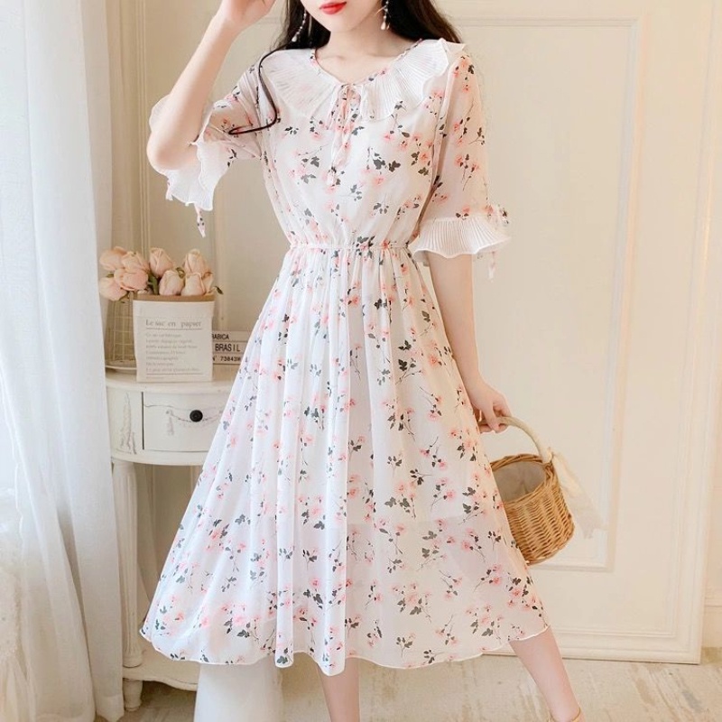 A2022 Ruffled Peter Pan Collar Pink Floral Chiffon Dress Spring Summer Sweet Style Dress Korean Style Prairie Chic Casua #2