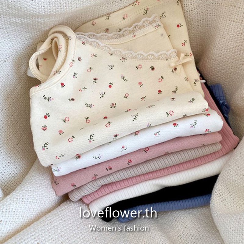 love flower เสื้อสายเดี่ยว ผ้าลูกไม้ ลายดอกไม้ แบบเข้ารูป สไตล์เกาหลี