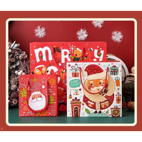 พร้อมส่ง ll ถุงกระดาษหูหิ้วสวยๆ ลายคริสมาสต์ ถุงกระดาษซานต้าสีแดง Merry christmas