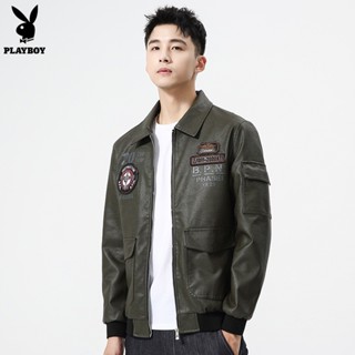 PLAYBOY LEATHER CLOTHES New Slim and Handsome Mens Coat Embroidered PU Leather Jacket