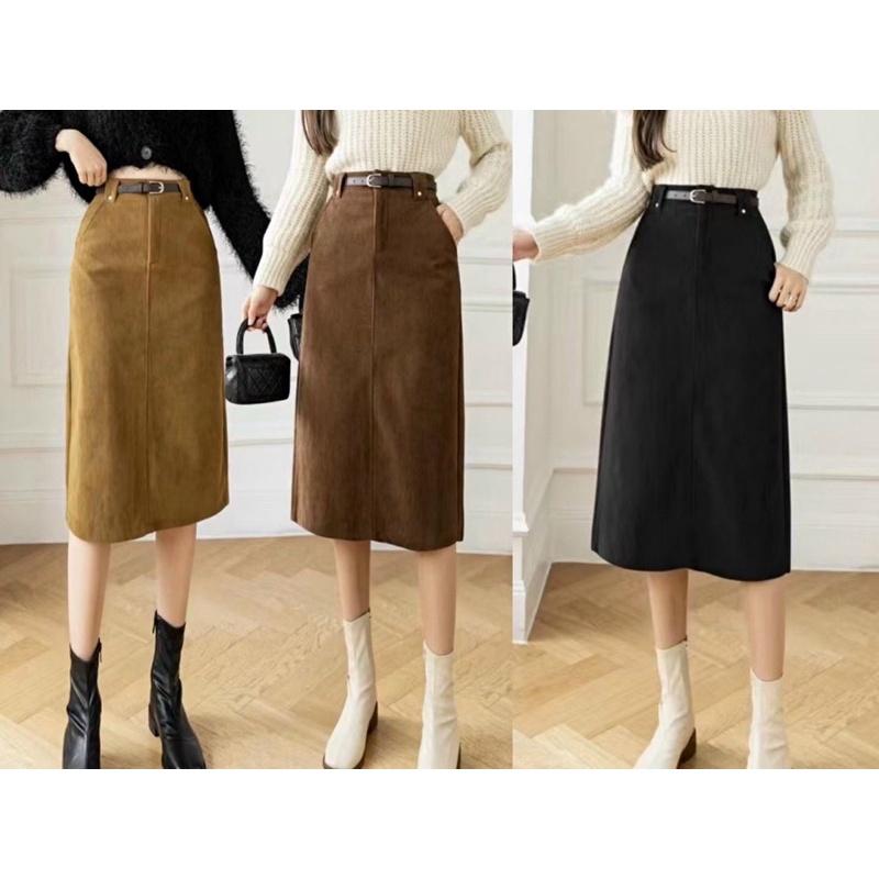 กระโปรงผ้ากํามะหยี่ยาวพร้อมเข็มขัดน่ารัก อีโว-6681