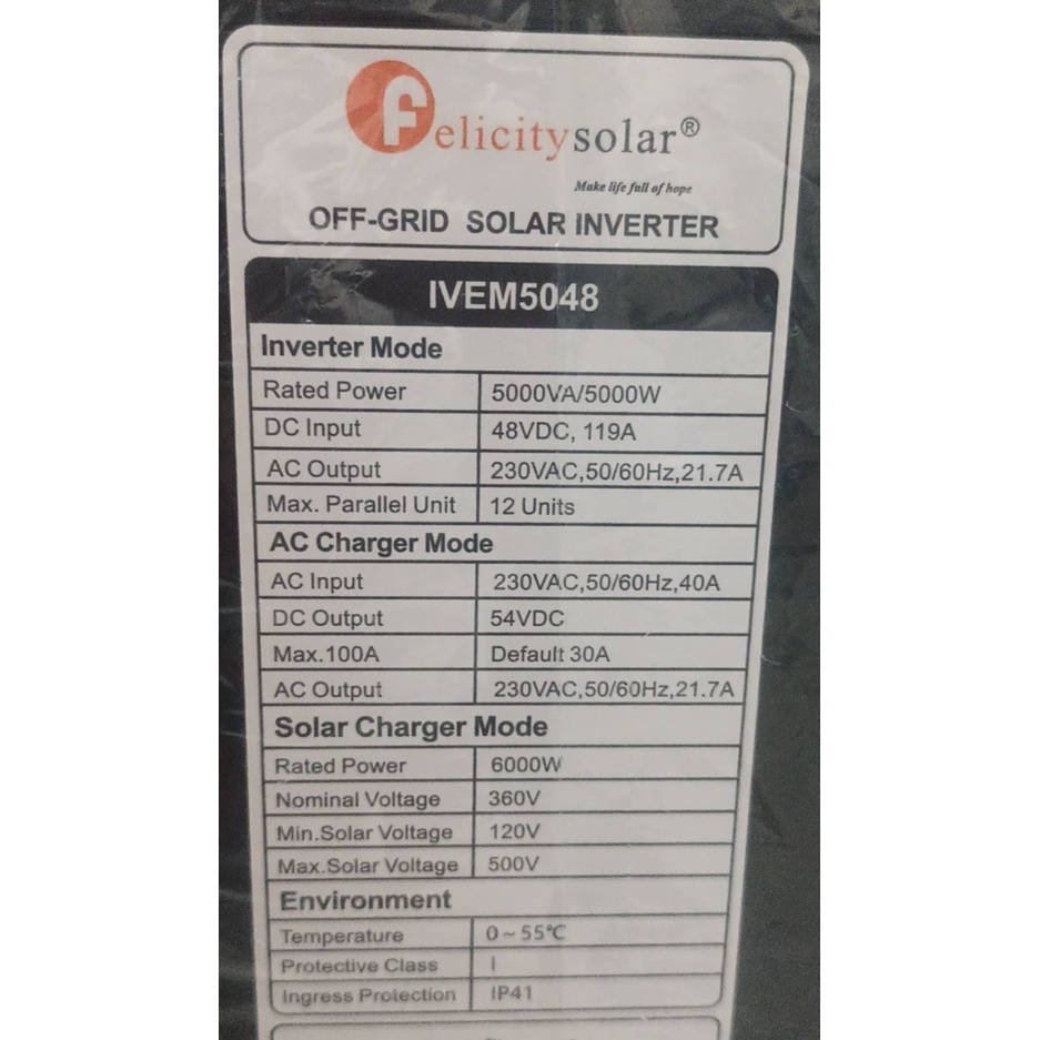 Felicity 500V PV INPUT 5000W Hybrid Inverter With MPPT 100A | Shopee ...
