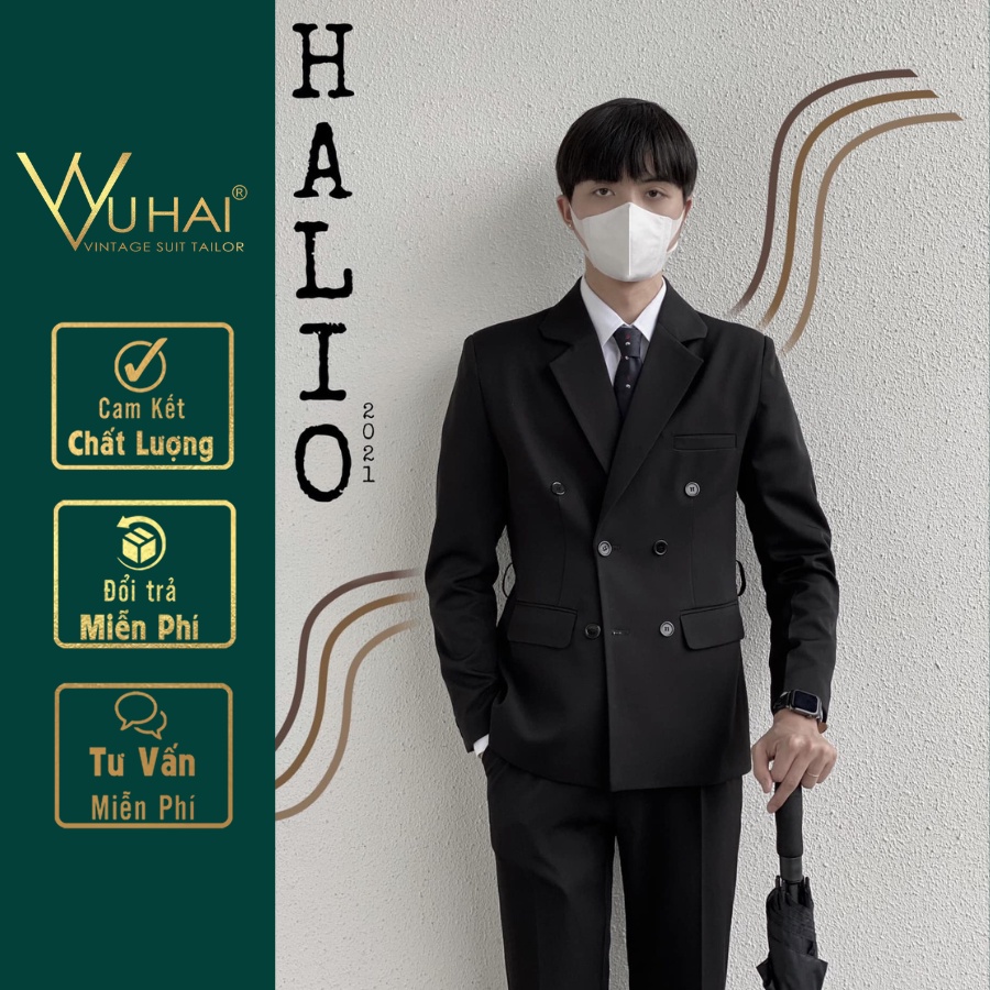 เสื้อกั๊กผู้ชายเกาหลี 6 ปุ่มสีดําและหรูหรา-VuHai