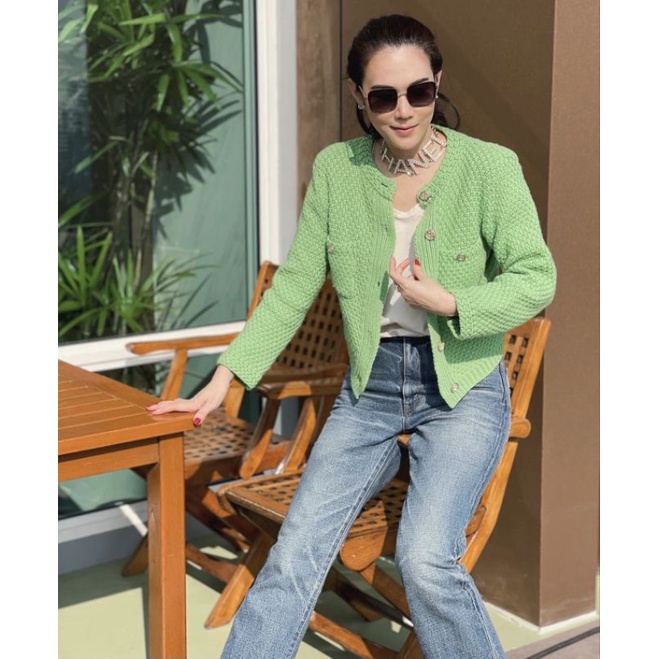 Ey_official#Z611#พร้อมส่งเสื้อคลุมแขนยาวคอกลมผ้าทอสีกระเป๋าหน้าแต่งกระดุมหน้า5เม็ด